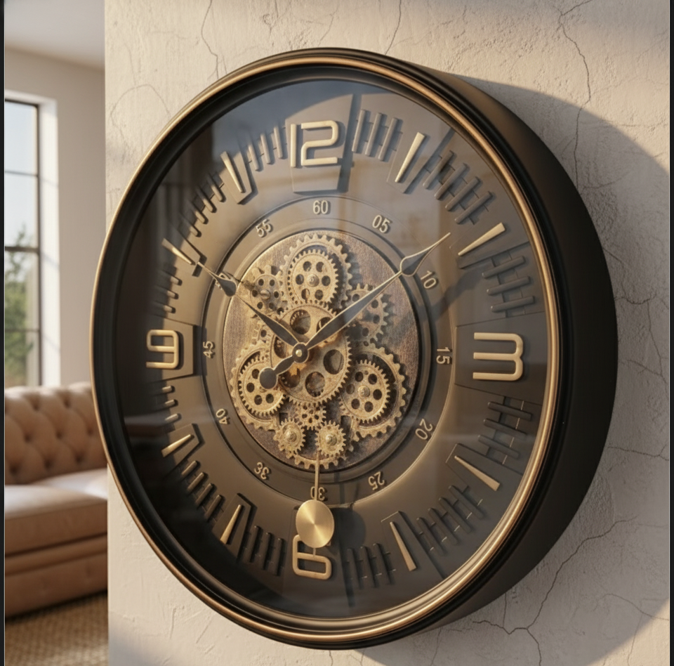 Steampunk Rotating Gear Wall Clock - Black and Gold Industrial Design with Visible Moving Gears, Silent Quartz Movement for Living Room, Office, and Home Decor (32.5cm Diameter)