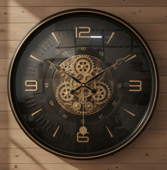Steampunk Rotating Gear Wall Clock - Black and Gold Industrial Design with Visible Moving Gears, Silent Quartz Movement for Living Room, Office, and Home Decor (32.5cm Diameter)