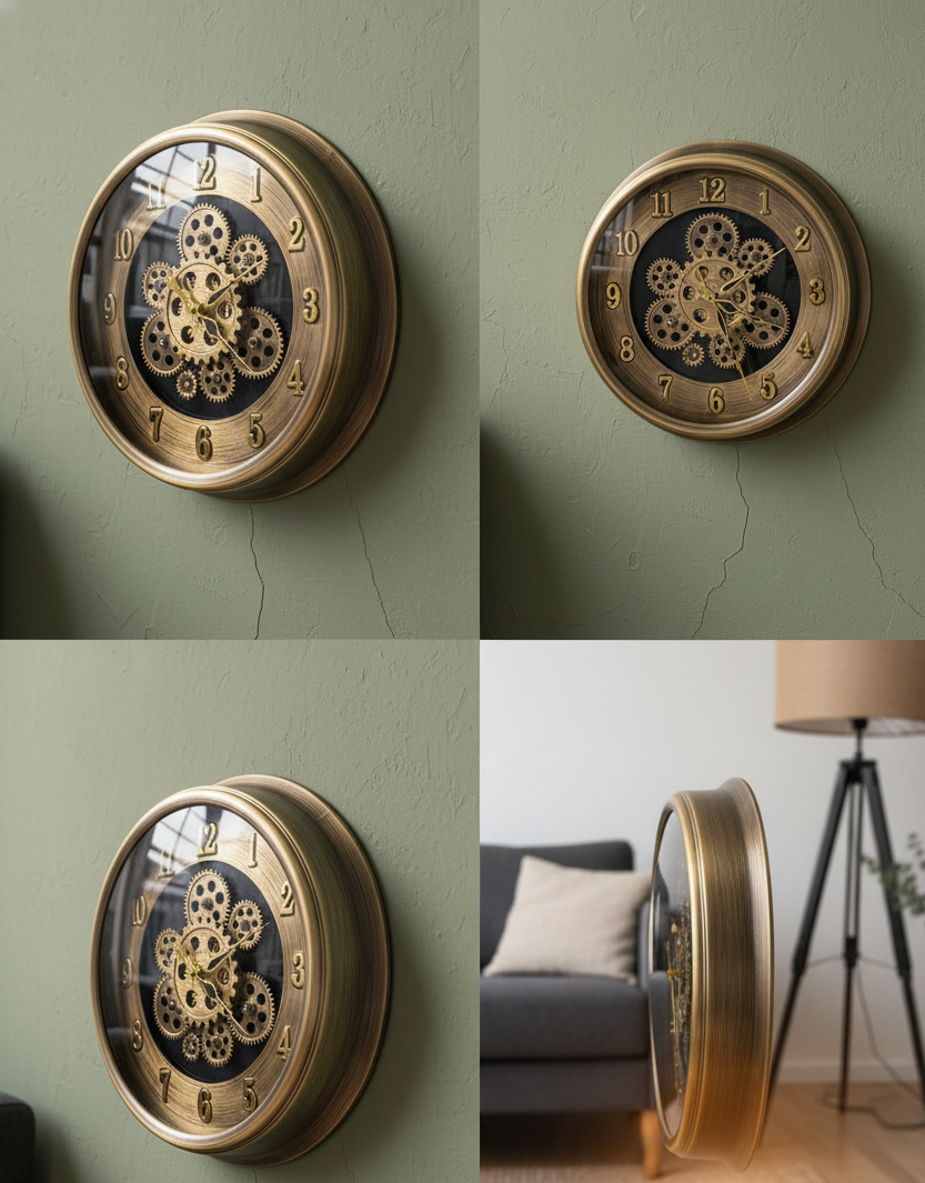 Vintage Gear Wall Clock with 3D Moving-Gear Look | Silent Quartz Movement | Premium Decorative Wall Clock – Available in Antique Gold, Bronze & Black Variants