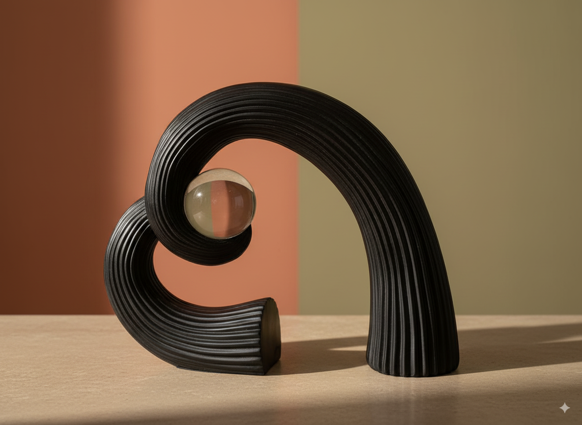 Abstract Black Sculpture with Crystal Sphere – Modern Home Décor Showpiece