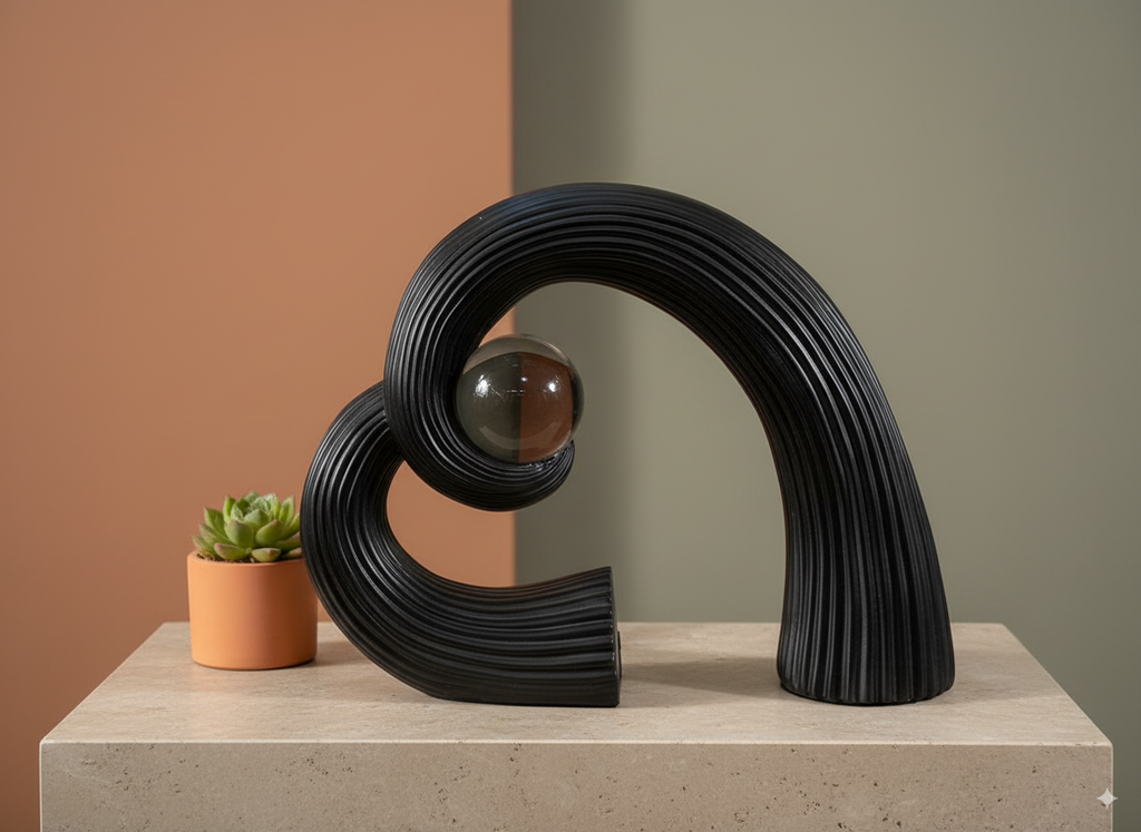 Abstract Black Sculpture with Crystal Sphere – Modern Home Décor Showpiece