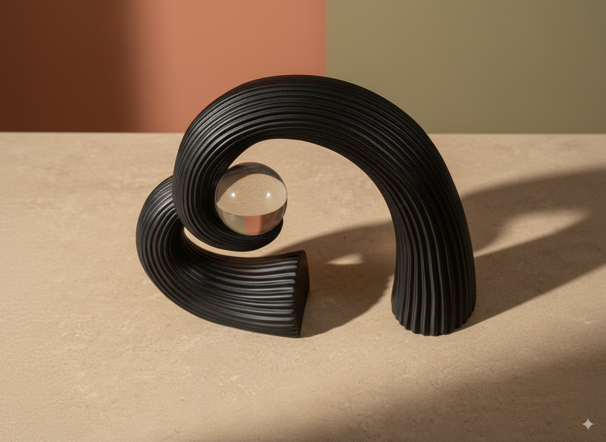 Abstract Black Sculpture with Crystal Sphere – Modern Home Décor Showpiece