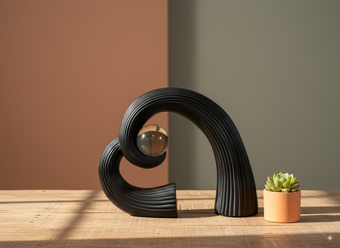 Abstract Black Sculpture with Crystal Sphere – Modern Home Décor Showpiece