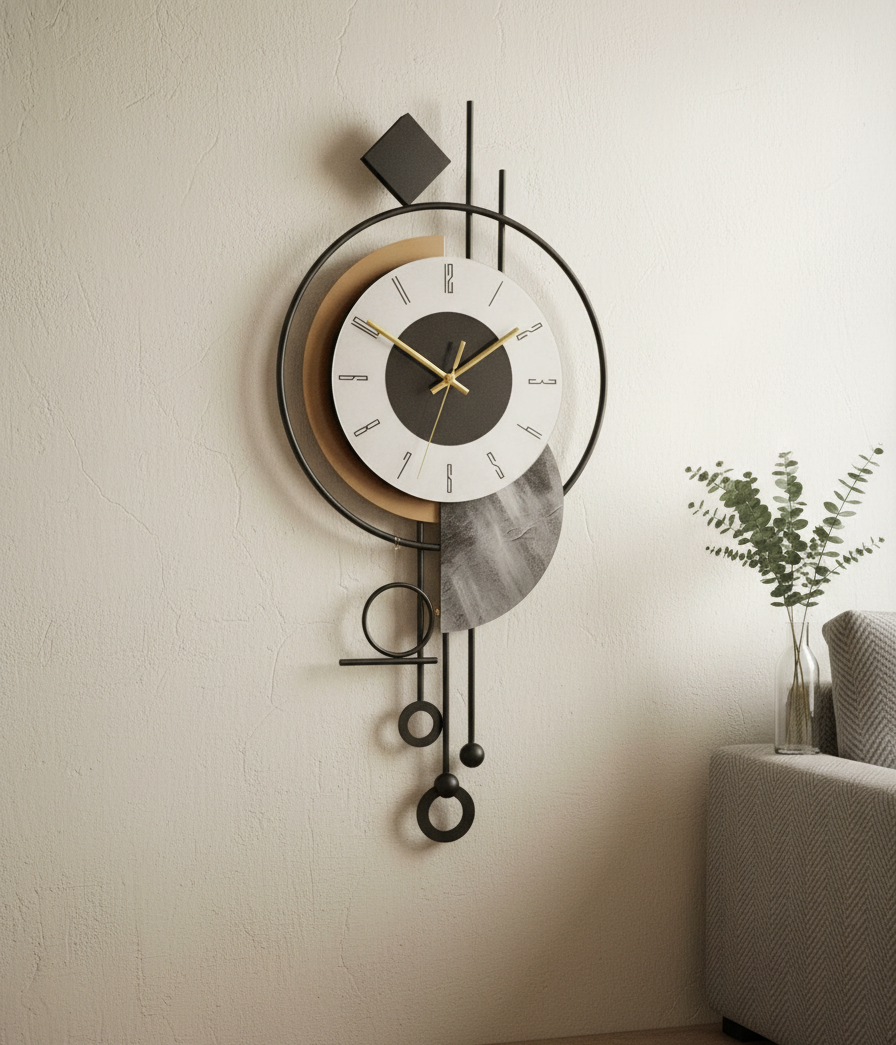 Modern Geometric Wall Clock with Metal Frame  70×32 cm  Designer Abstract Style  Silent Sweep Movement  Premium Home & Office Décor
