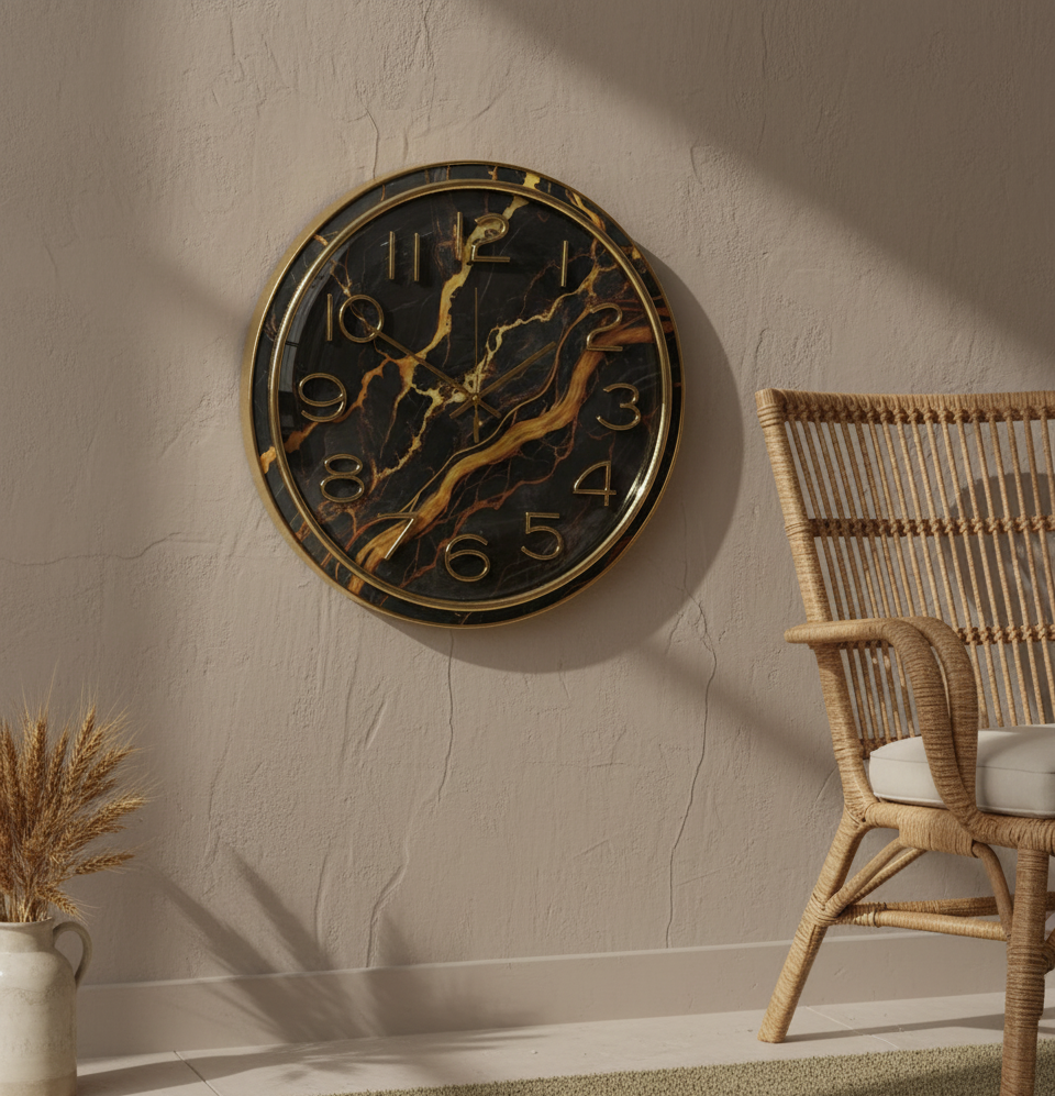 Luxury Black Marble Gold Wall Clock - Elegant Marble Pattern Dial with Gold Frame and Analog, Silent Quartz Movement for Modern Living Room, Bedroom, and Office Decor (30cm Diameter)