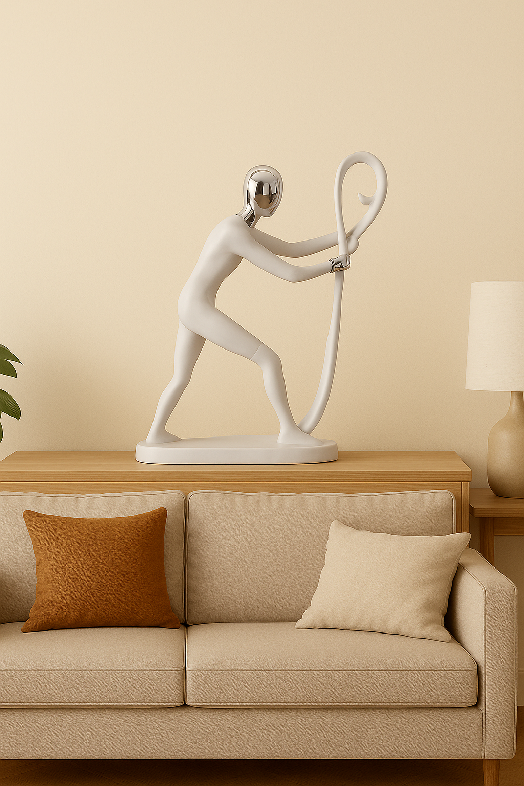Modern Abstract Figurine Sculpture – White & Chrome Accent