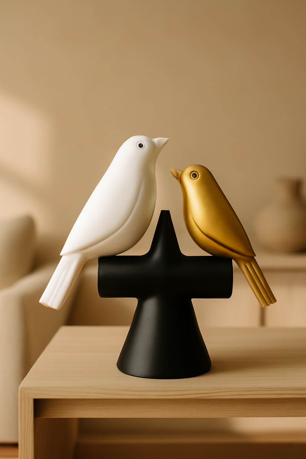 Modern Perch Bird Duo  a striking black pedestal with a matte white bird and a metallic gold bird that brings sculptural contrast, calm, and a hint of luxury to shelves and console