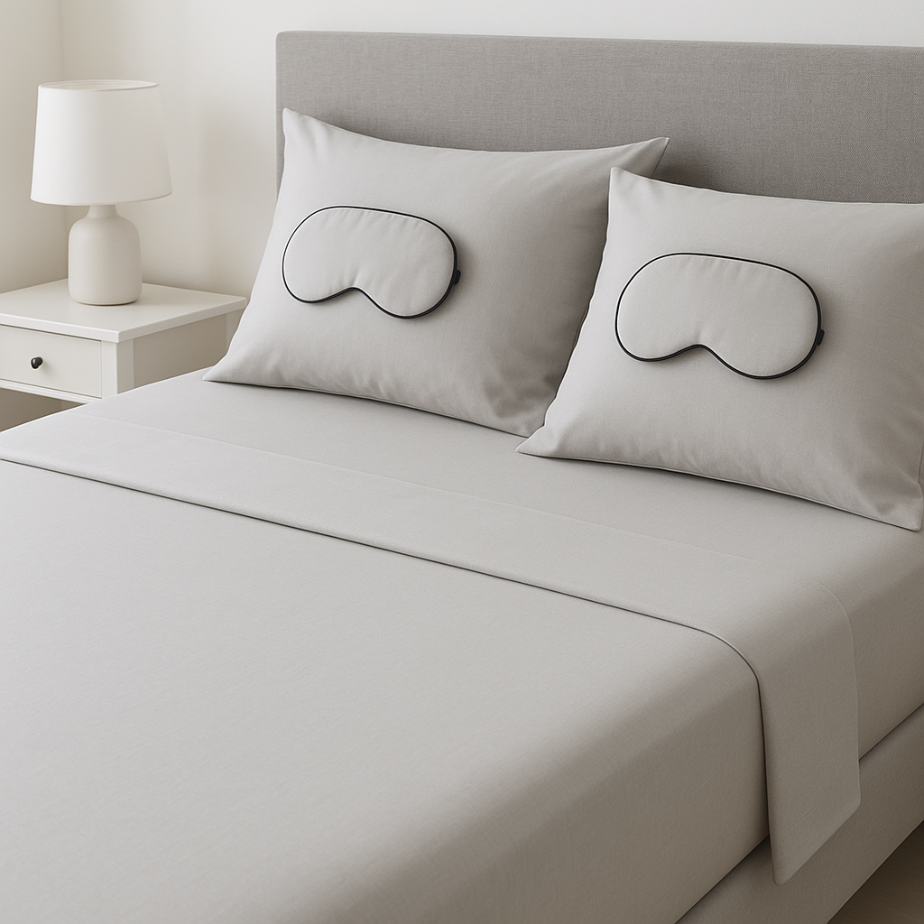 Gray satin pillowcases with sleep mask design on a bed in a bedroom setting.