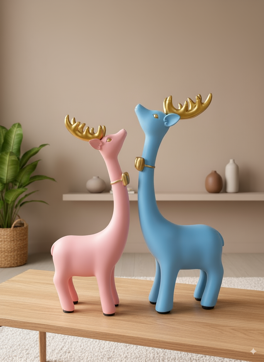 Playful Pastel Reindeer Duo Figurines a whimsical, modern centerpiece that adds joy, color, and a touch of festivity to shelves, consoles, and nurseries while staying stylish year-round