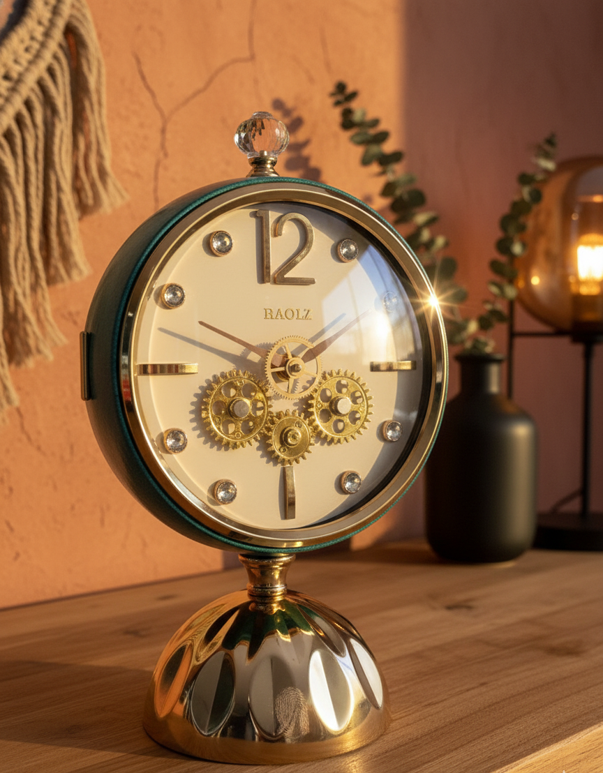 Luxury Vintage Gear Table Clock with Dual-Side Mirror | Premium Decorative Desk Clock with Rotating Body, Crystal Knob & Golden Base | Home, Office & Bedside Décor