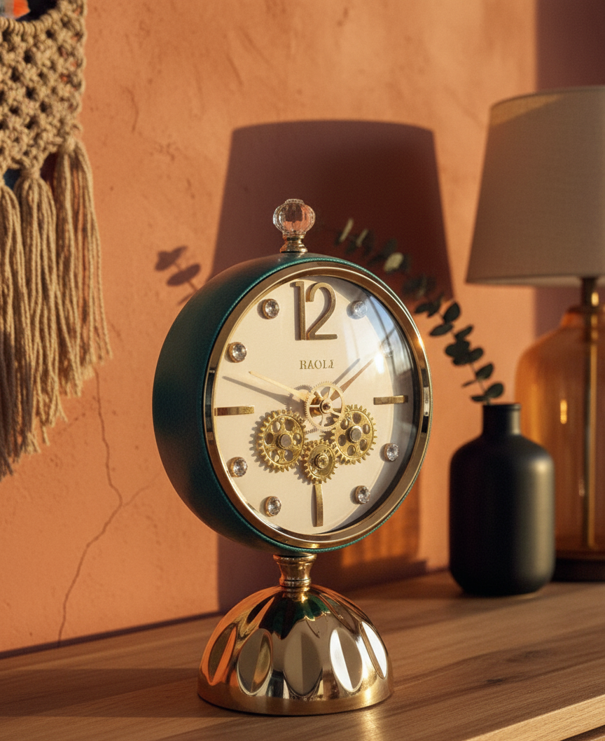 Luxury Vintage Gear Table Clock with Dual-Side Mirror | Premium Decorative Desk Clock with Rotating Body, Crystal Knob & Golden Base | Home, Office & Bedside Décor