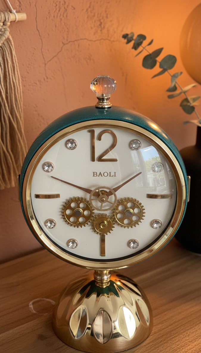 Luxury Vintage Gear Table Clock with Dual-Side Mirror | Premium Decorative Desk Clock with Rotating Body, Crystal Knob & Golden Base | Home, Office & Bedside Décor