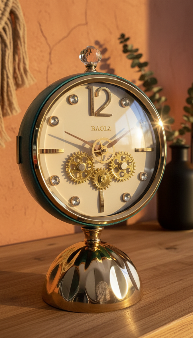 Luxury Vintage Gear Table Clock with Dual-Side Mirror | Premium Decorative Desk Clock with Rotating Body, Crystal Knob & Golden Base | Home, Office & Bedside Décor