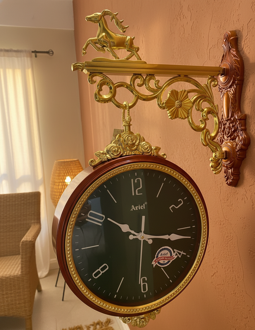 Premium Double-Sided Vintage Wall Clock with Golden Deer Bracket | Dual-Face Silent Sweep Clock | Antique Brass Wall Mount Station Clock for Home & Office Décor