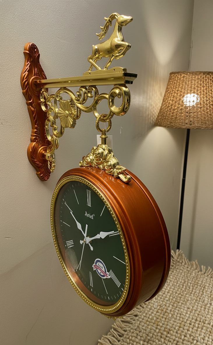 Premium Double-Sided Vintage Wall Clock with Golden Deer Bracket | Dual-Face Silent Sweep Clock | Antique Brass Wall Mount Station Clock for Home & Office Décor