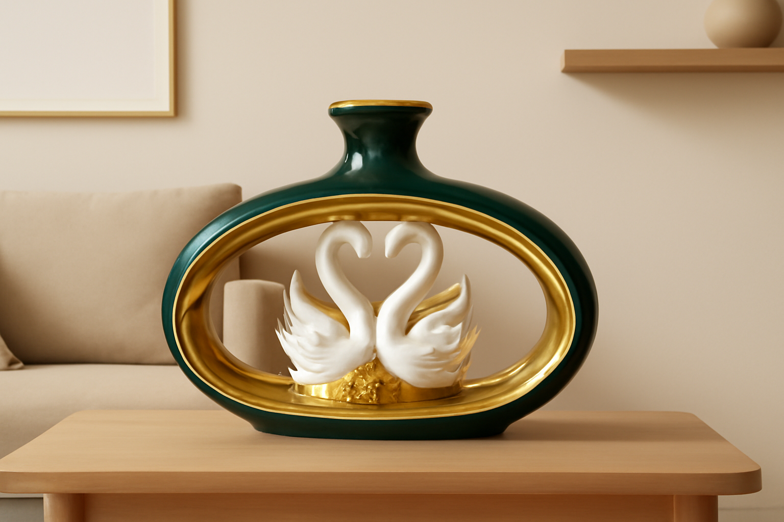 Regal Swan Embrace Ceramic Centerpiece  Luxe White and Gold Statement Décor