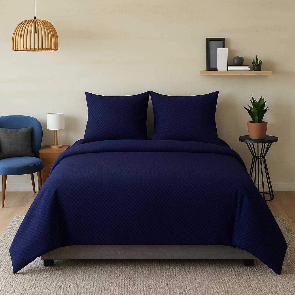 Deep blue bedsheet set with Geometric pattern