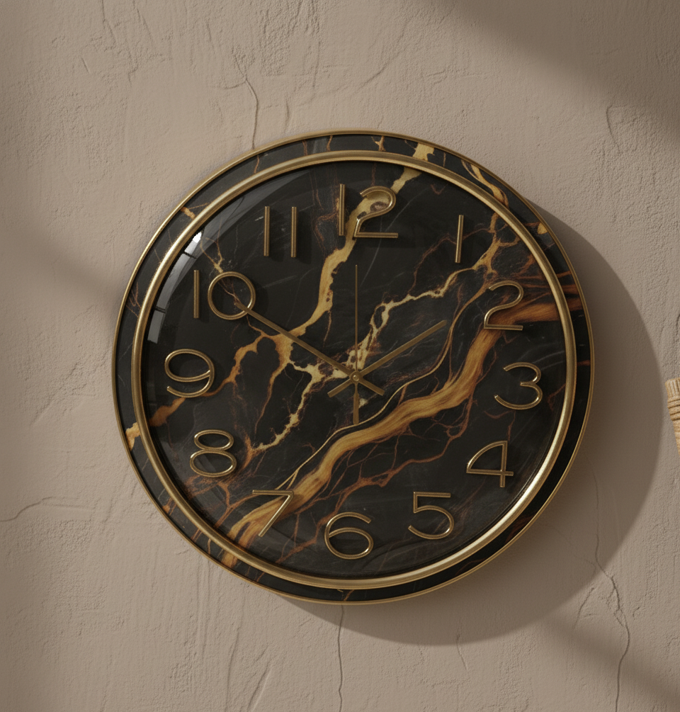 Luxury Black Marble Gold Wall Clock - Elegant Marble Pattern Dial with Gold Frame and Analog, Silent Quartz Movement for Modern Living Room, Bedroom, and Office Decor (30cm Diameter)