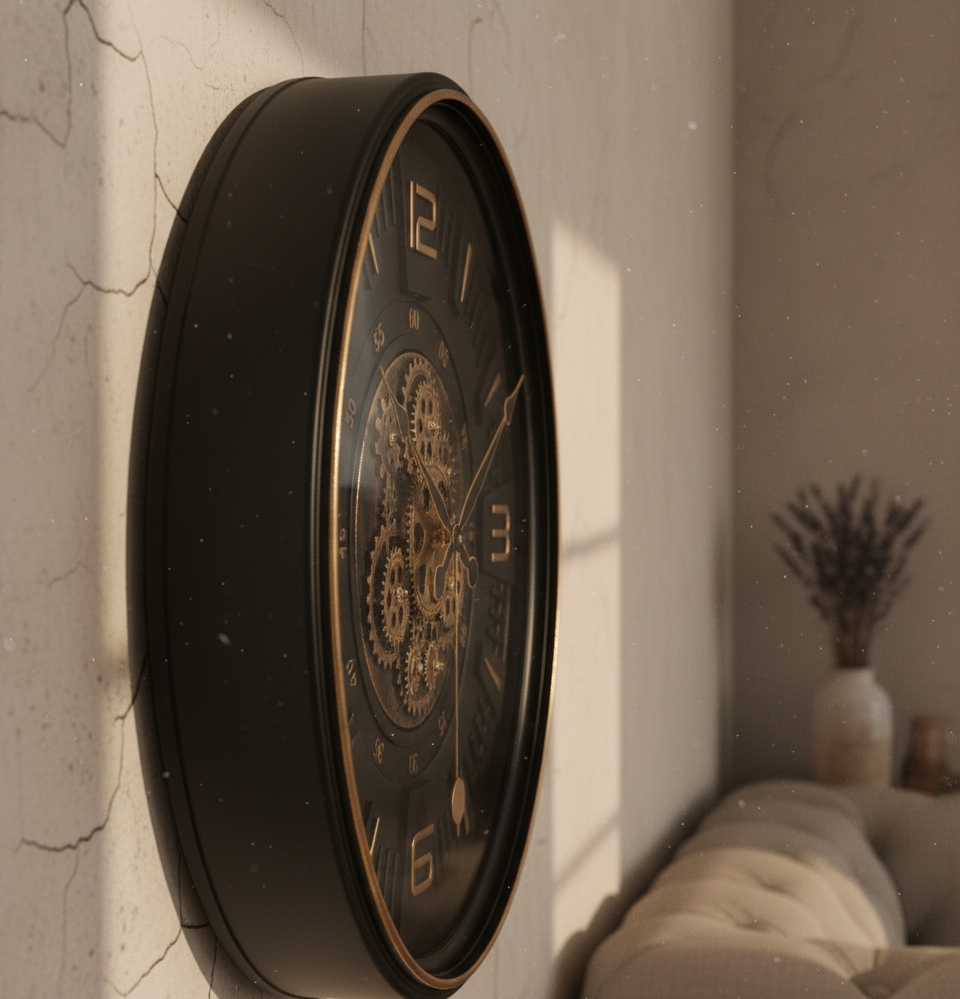 Steampunk Rotating Gear Wall Clock -Black and Gold Industrial Design with Visible Moving Gears, Silent Quartz Movement for Living Room, Office, and Home Decor (32.5cm Diameter)