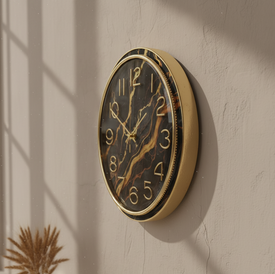 Luxury Black Marble Gold Wall Clock - Elegant Marble Pattern Dial with Gold Frame and Analog, Silent Quartz Movement for Modern Living Room, Bedroom, and Office Decor (30cm Diameter)