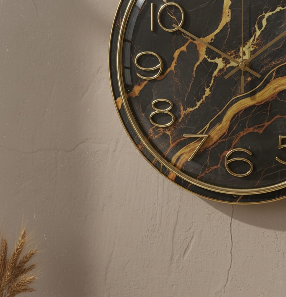 Luxury Black Marble Gold Wall Clock - Elegant Marble Pattern Dial with Gold Frame and Analog, Silent Quartz Movement for Modern Living Room, Bedroom, and Office Decor (30cm Diameter)