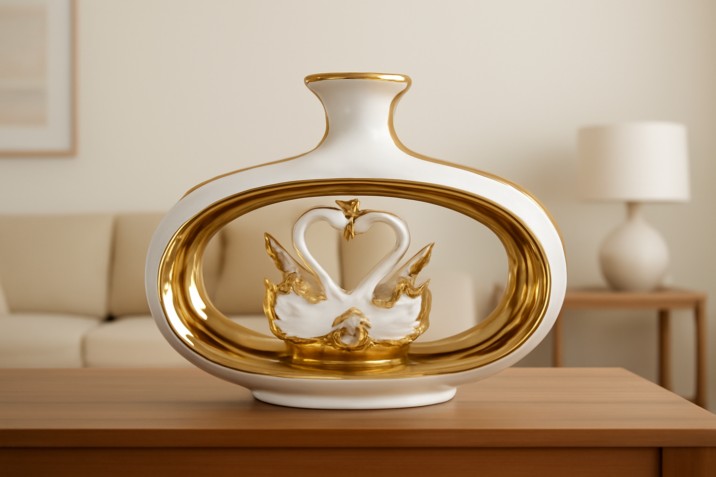 Regal Swan Embrace Ceramic Centerpiece – Luxe White and Gold Statement Décor