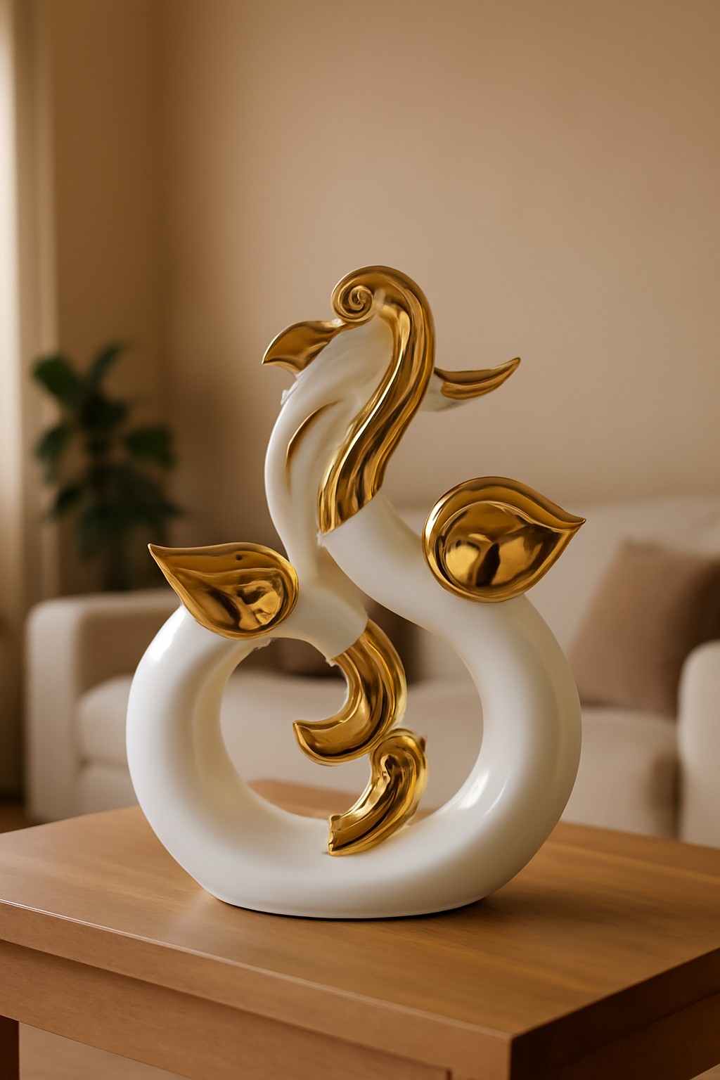 Luxe White & Gold Swan Sculpture  a fluid contemporary statement piece that symbolizes enduring love, grace, and harmony while adding a radiant, gallery like focus to consoles and co0ffee tables.