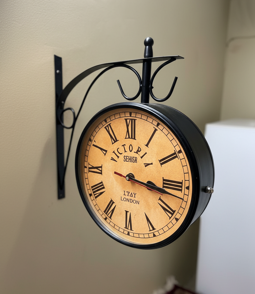 Vintage Victoria Station Double‑Sided Wall Clock 8 Inch Round, Black Frame