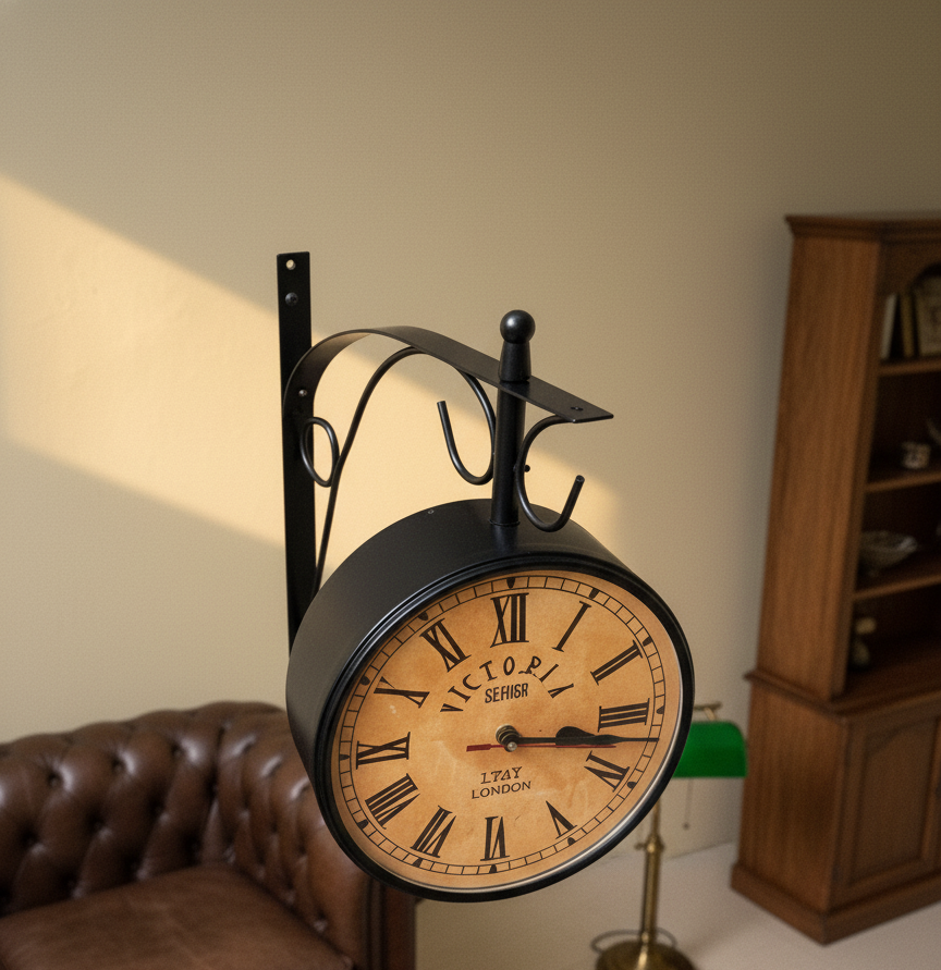 Vintage Victoria Station Double‑Sided Wall Clock 8 Inch Round, Black Frame