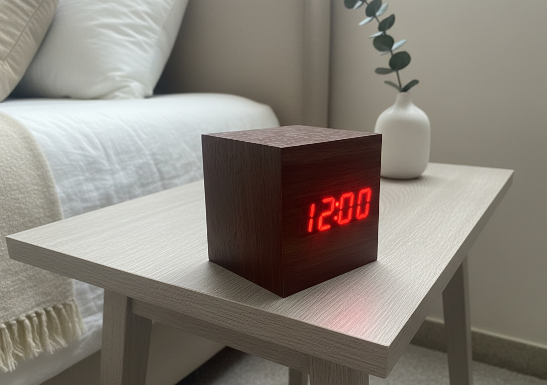 LED Wooden Digital Alarm Clock with Temperature, Date Display, Sound Activation | Eco-Friendly Wood Finish, USB + Battery Backup, Multi-Function Desk Clock for Home & Office (Red|green LED Display)