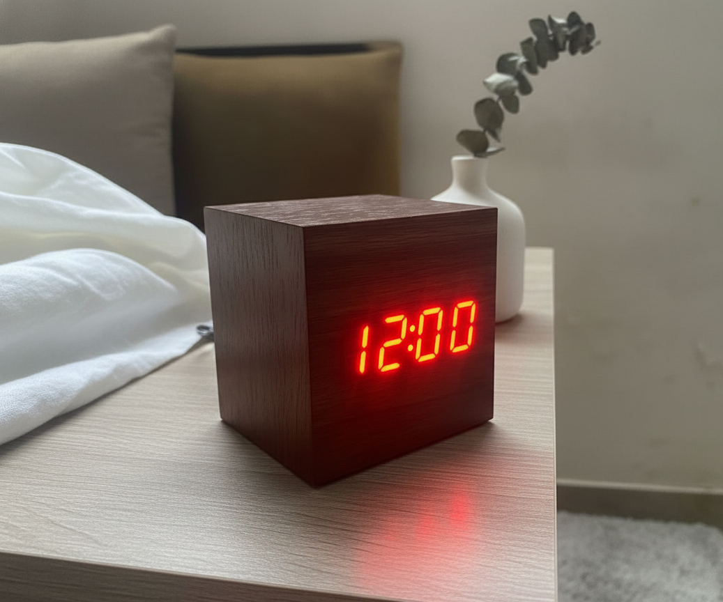 LED Wooden Digital Alarm Clock with Temperature, Date Display, Sound Activation | Eco-Friendly Wood Finish, USB + Battery Backup, Multi-Function Desk Clock for Home & Office (Red|green LED Display)